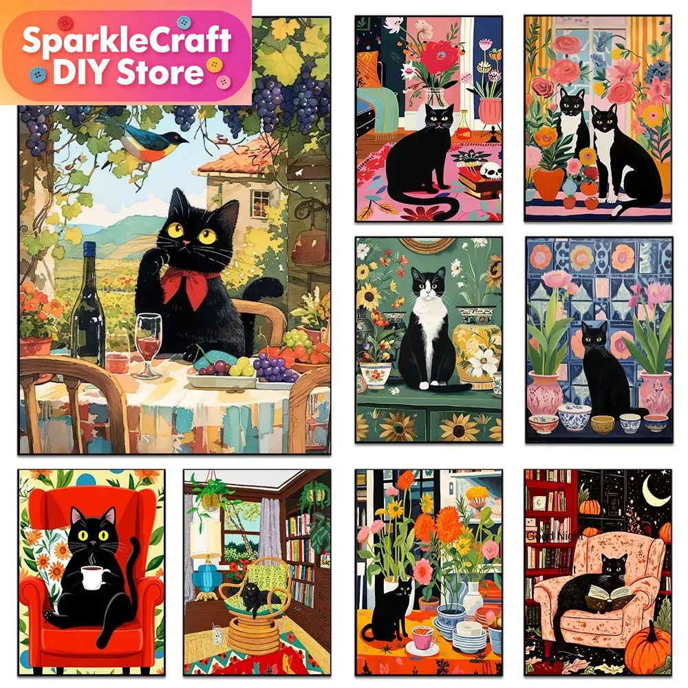 Embroidery Room - 1pc frameloze cartoon zwarte kat kleurrijke