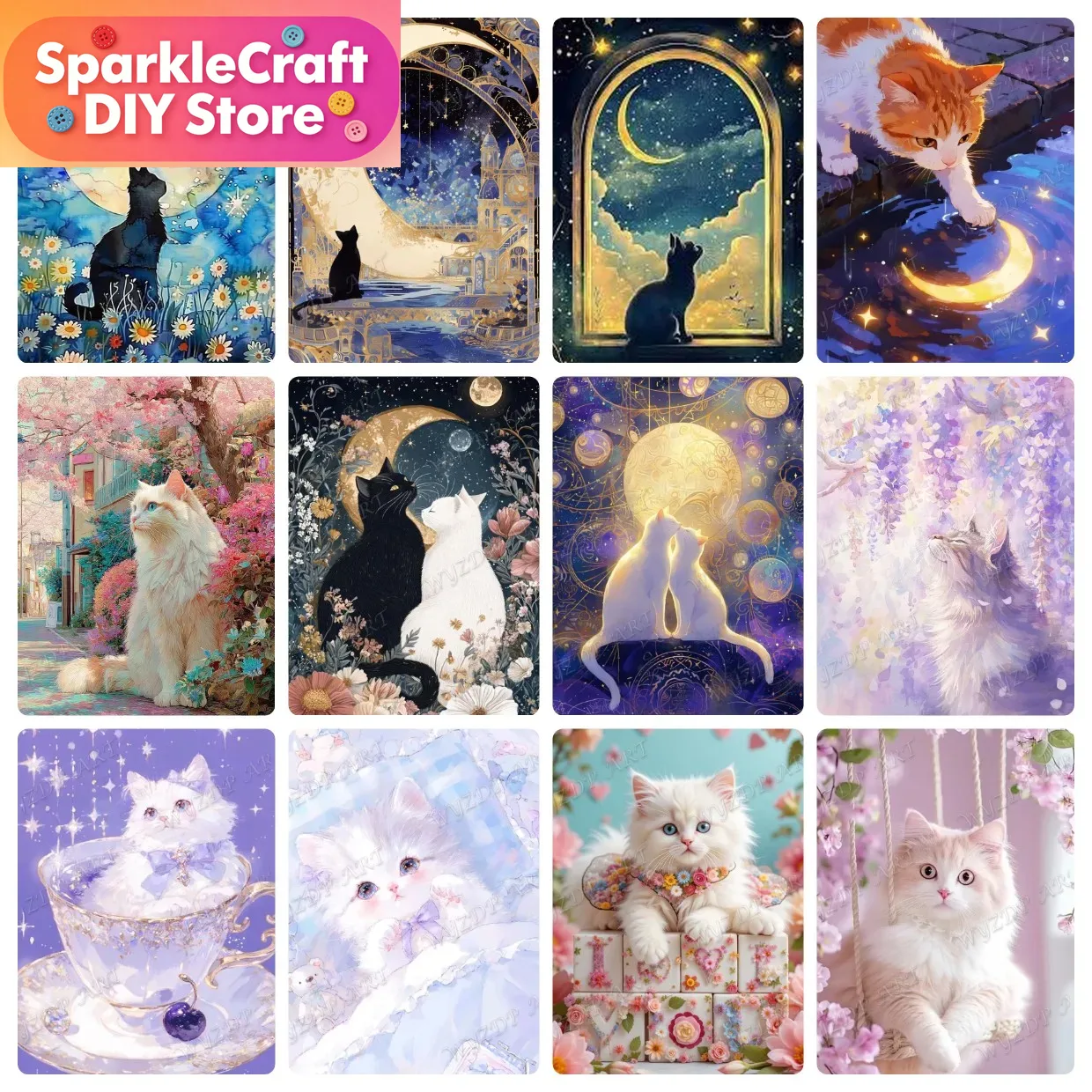 Embroidery Room - Dier Kat Maan Diamant Schilderij Kit