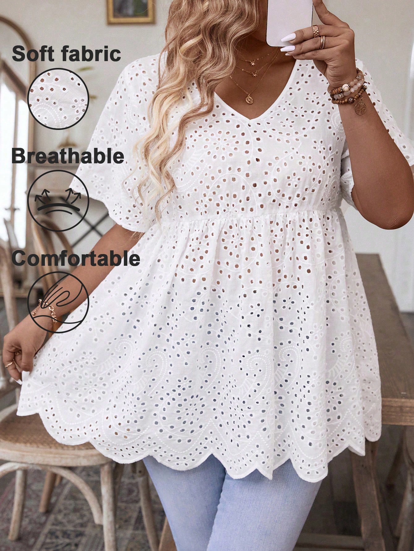Embroidery Blouse - Dames plus size witte top met