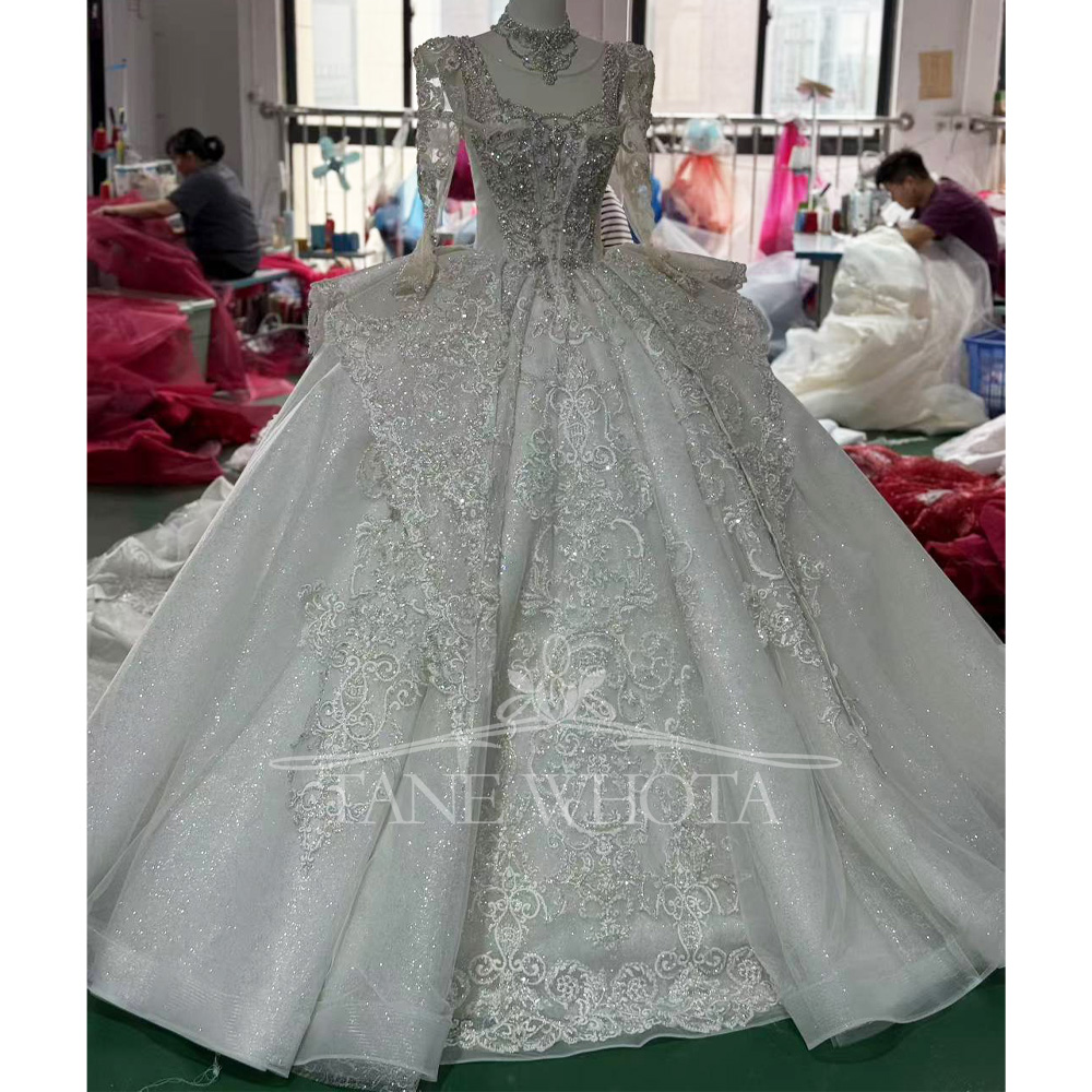 Embroidery Organza - Bruidsjurk met kristallen pailletten, O-hals, lange