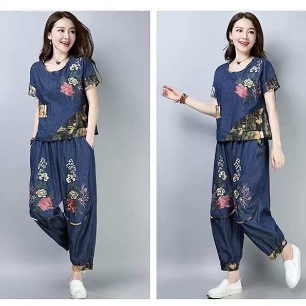 Embroidery In The Piece - Etnische stijl plus size damespak zomer