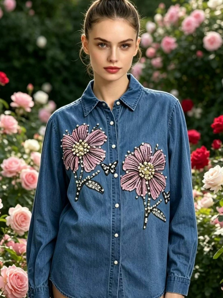 Embroidery Blouse - Dames Denim Borduurwerk Blouses Lente Herfst