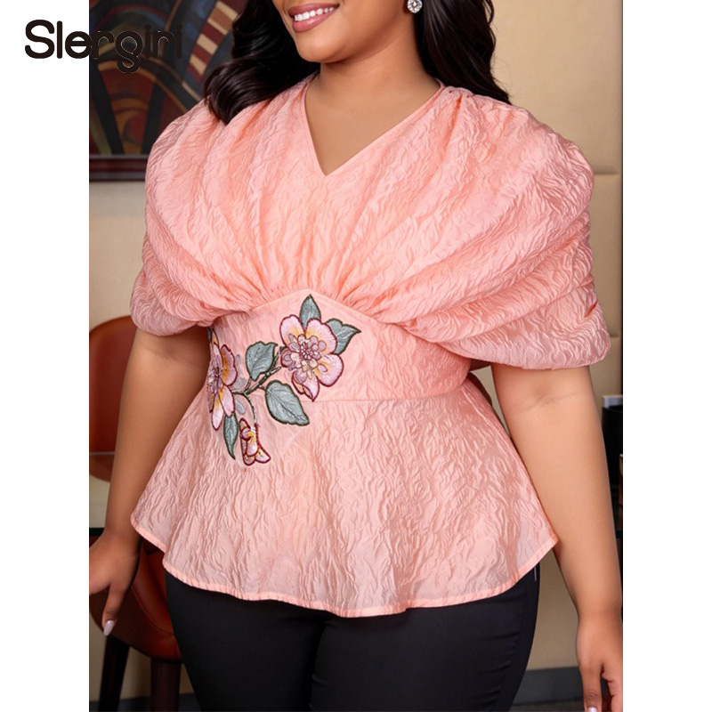 Embroidery Blouse - Slergiri Plus Size Bloemenborduurwerk V-hals Peplum