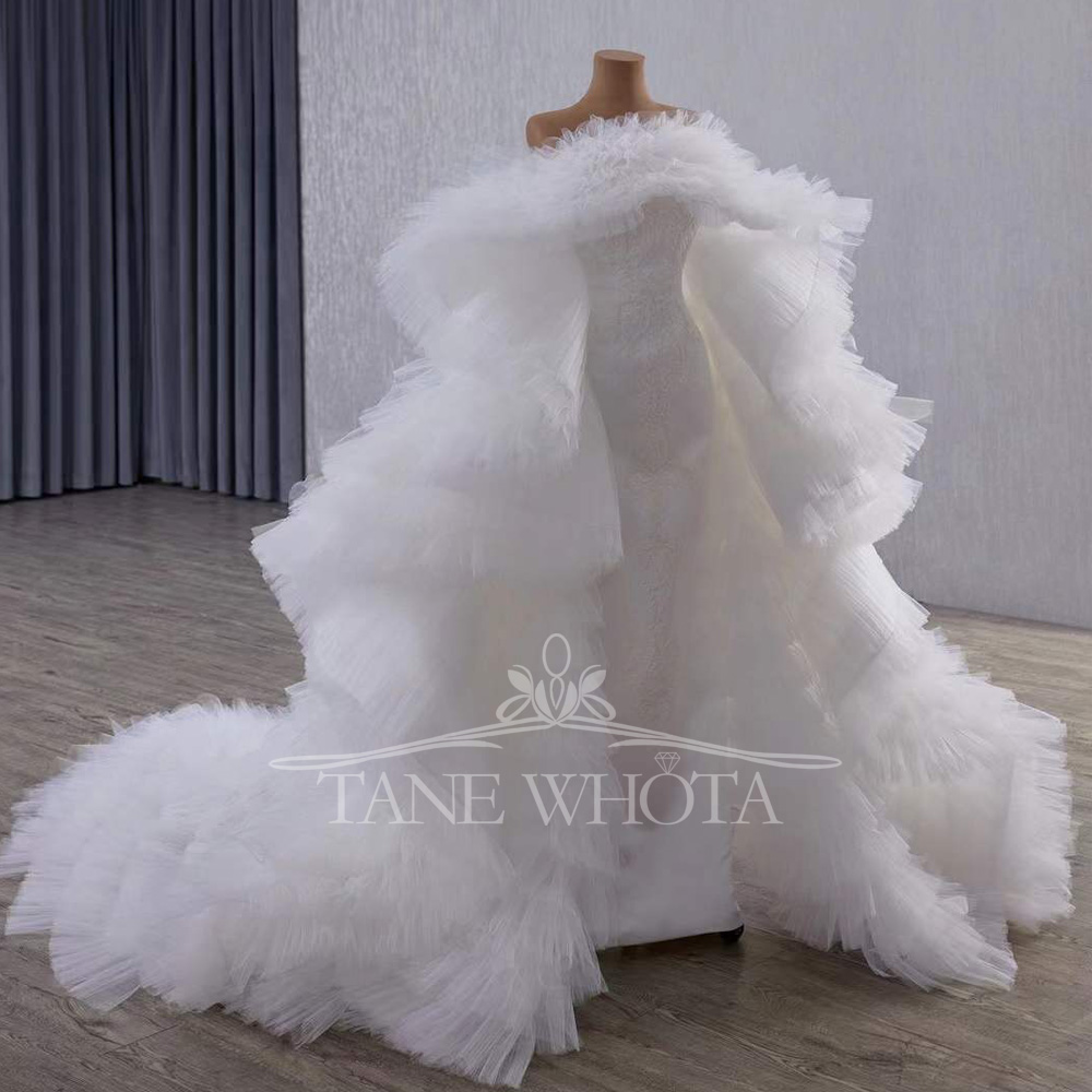 Embroidery Organza - Elegante zeemeermin-bruidsjurk met gelaagde vetersluiting aan